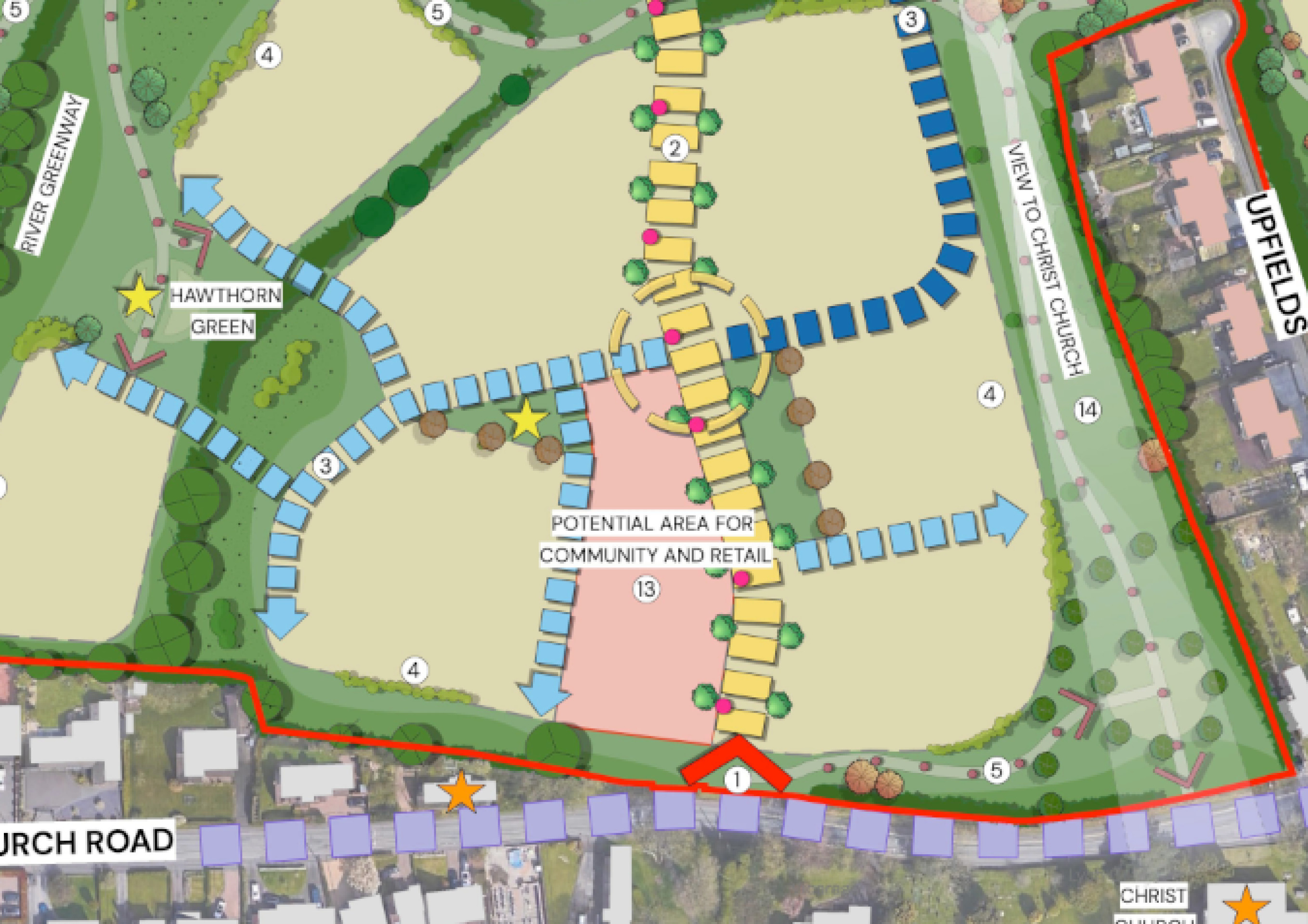 A community hub fronting Church Road could provide uses including a café, local convenience retail and community car parking